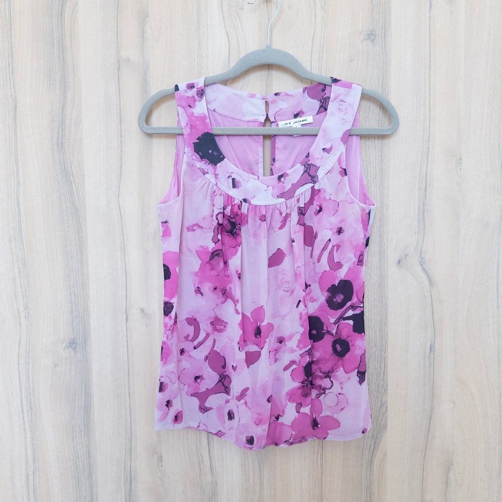 St. John Womens Floral Silk Blouse P Pink Sleeveless Romantic Luxury Feminine